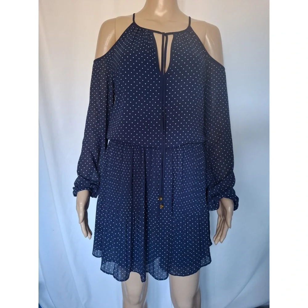 Michael Kors Womens Blue Cold Shoulder Sleeve Tie Neck Polka Dot Dress Size XS